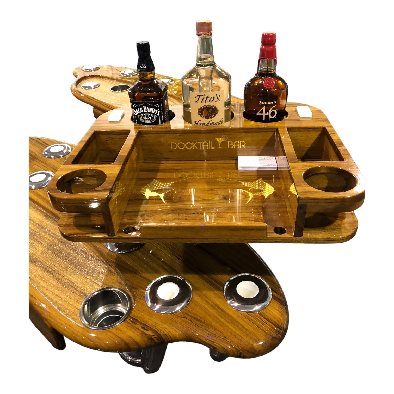 Enhance Your Boating Experience with DOCKTAIL BAR'S Teak Table with Rod Holders. - Docktail Bar