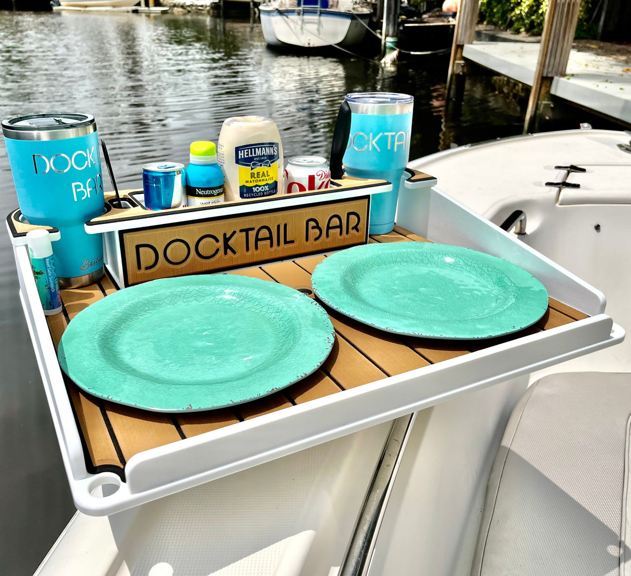 Docktail Utility Boat Table with Adjustable Rod Holder Mount - Choose Your Color