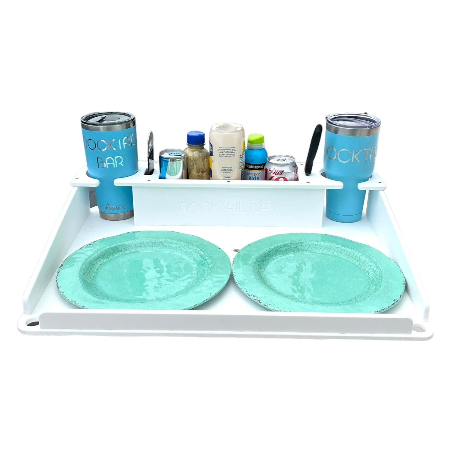 Boat Table with Cup Holders - Storage Compartment - Knife and Bottle Opener Holders - Includes Adjustable Rod Holder Mount - Weatherproof - Portable - Multiple Colors Available - Docktail Bar