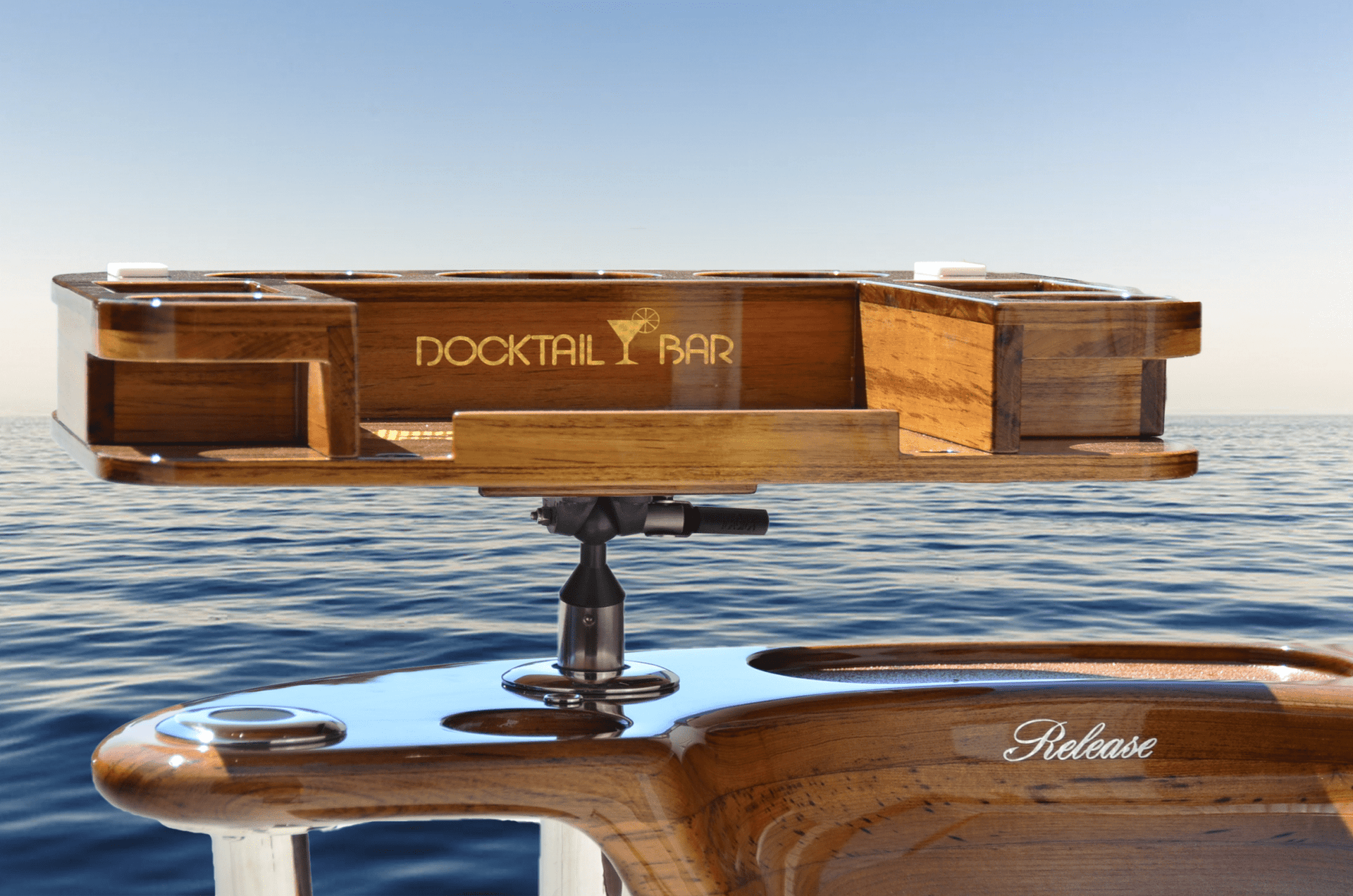 Docktail Elite Series Custom Teak Tables for Rocket Launchers, Leaning Posts and Rod Holders - Docktail Bar