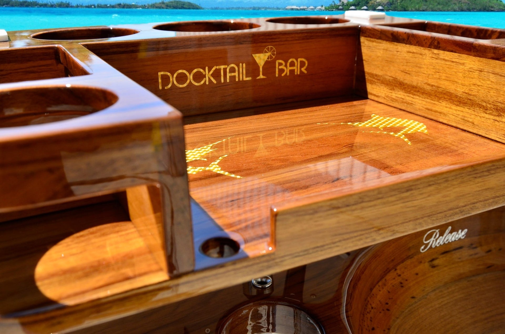 Docktail Elite Series Custom Teak Tables for Rocket Launchers, Leaning Posts and Rod Holders - Docktail Bar