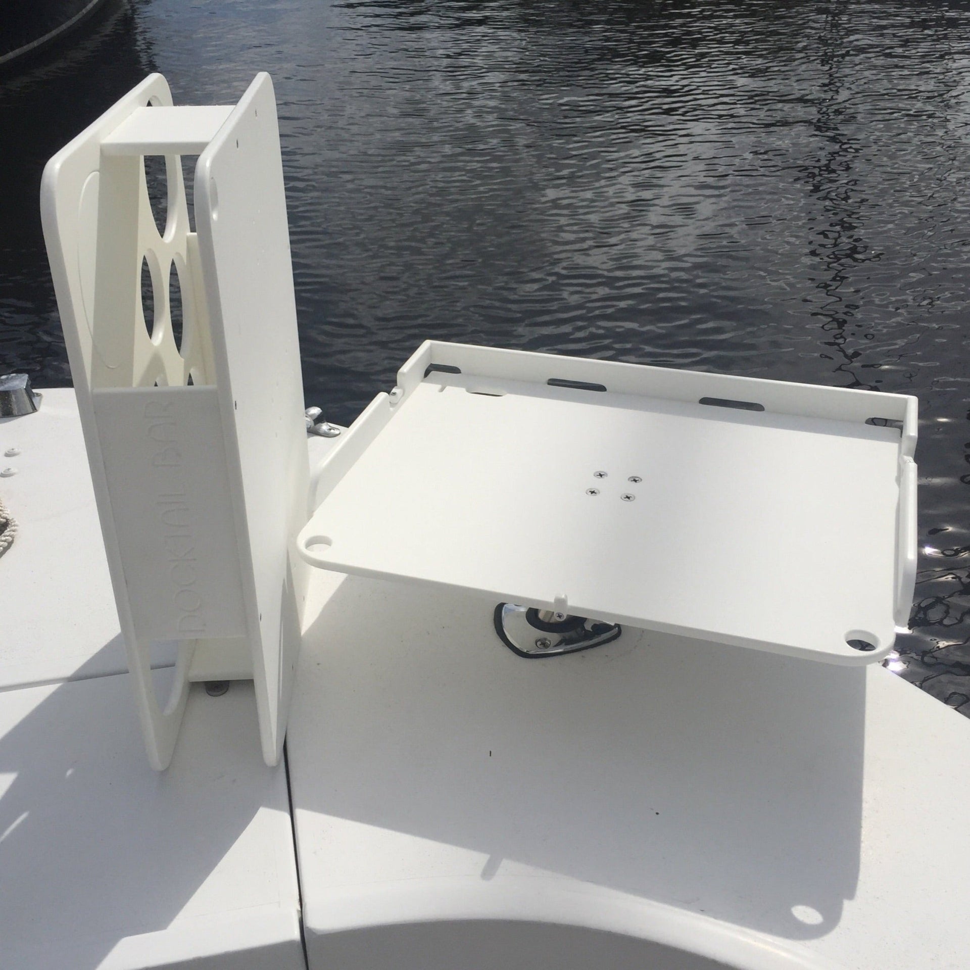 The Docktail Boat Table Caddy plus Bait Table with Pontoon Rail Mount - Docktail Bar
