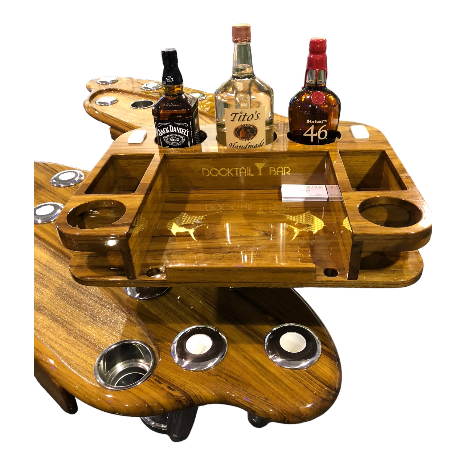 Enhance Your Boating Experience with DOCKTAIL BAR'S Teak Table with Rod Holders.