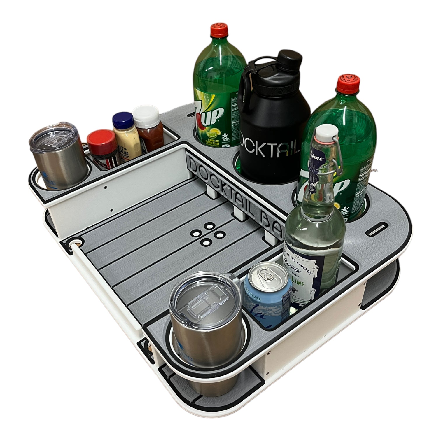 Docktail Butler Marine Food and Cocktail Table - Includes Adjustable Folding Rod Holder Mount - Large Serving Tray for Grill and Boat Cup.