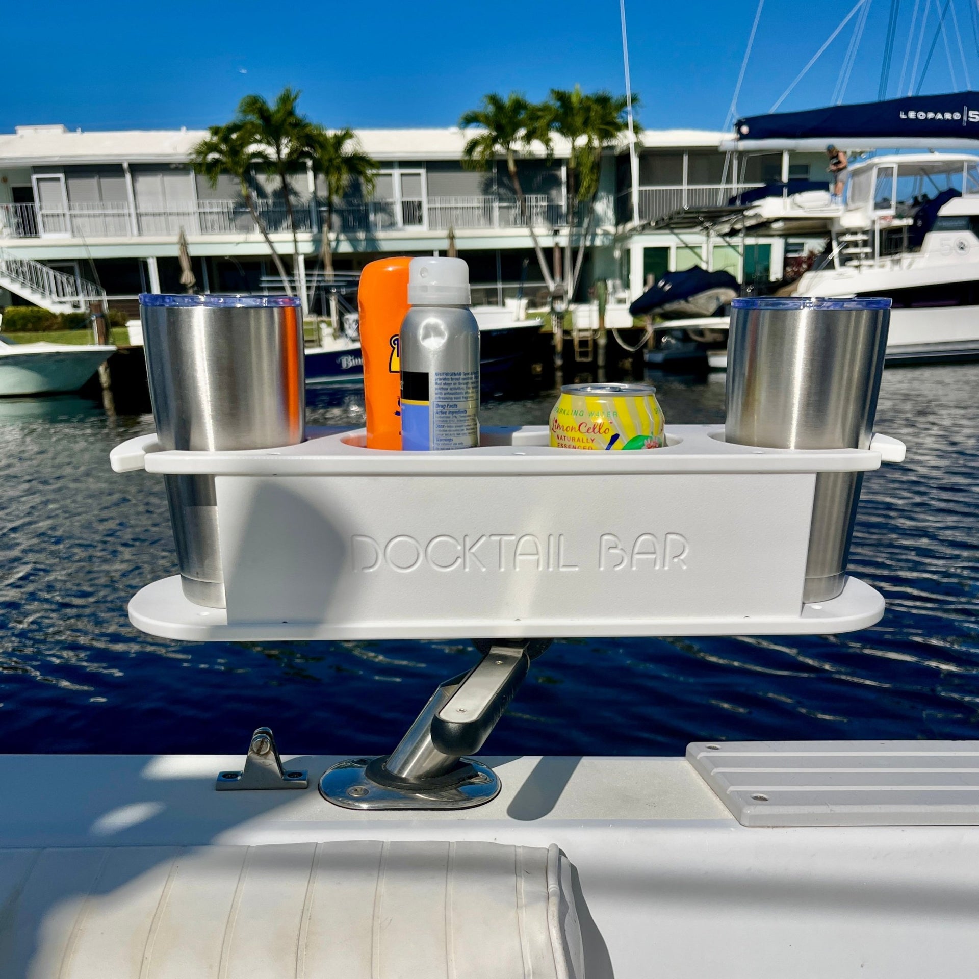 boat cup holder fishing rod Docktail Cup Holder Caddy with Rod Holder Mount Toffee over Black