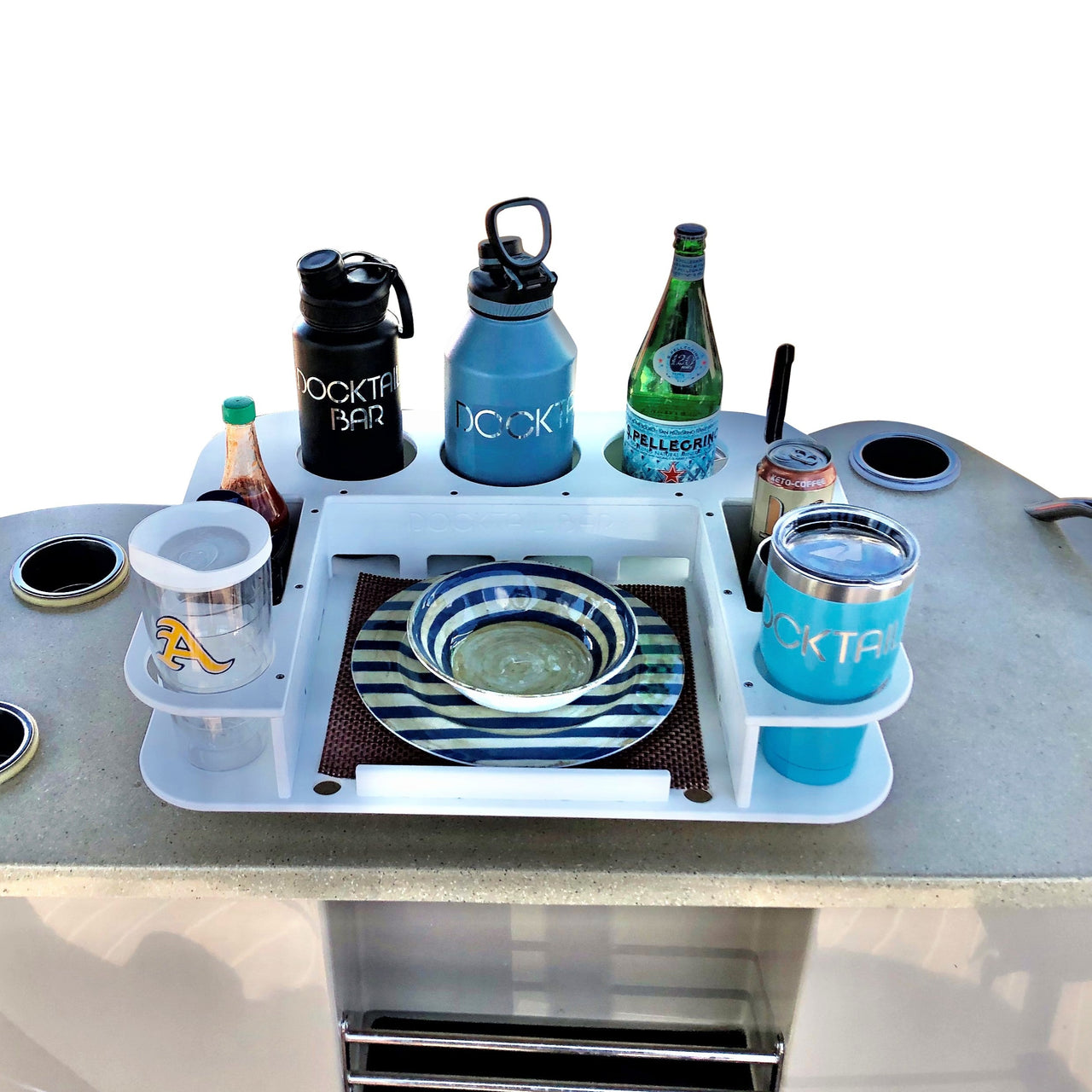 Innovative Boat Table with Cup and Bottle Holders plus Serving Tray - 2 Storage Compartments - Knife and Bottle Opener Holders - Includes 2 Marinized Vacuum Mounts - Weatherproof - Portable - Multiple Colors Available - Butler Model - Docktail Bar