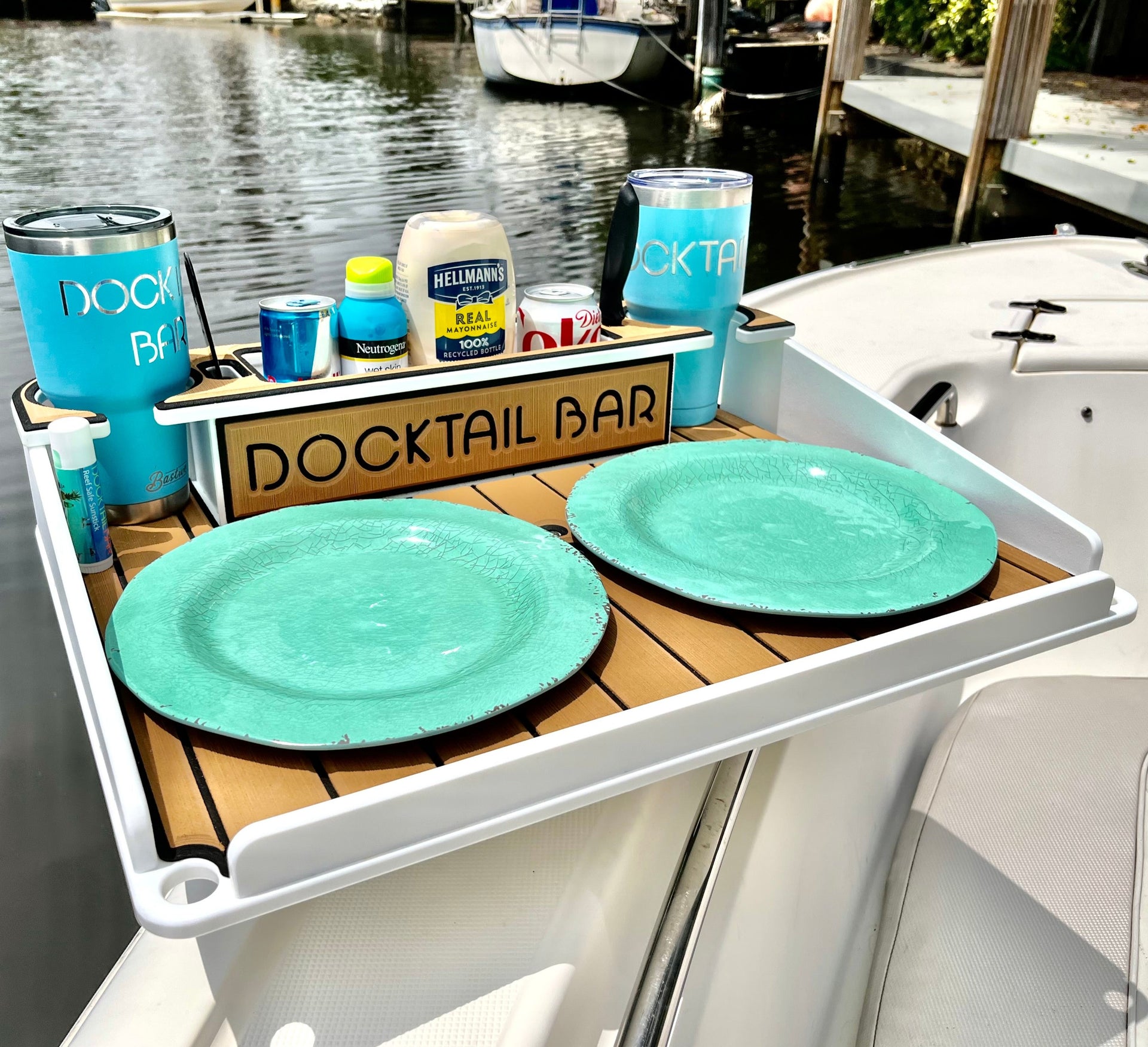 Docktail Boat Utility Table With Cup Holders & Magma Rod Holder Mount -  Multiple Colors Available