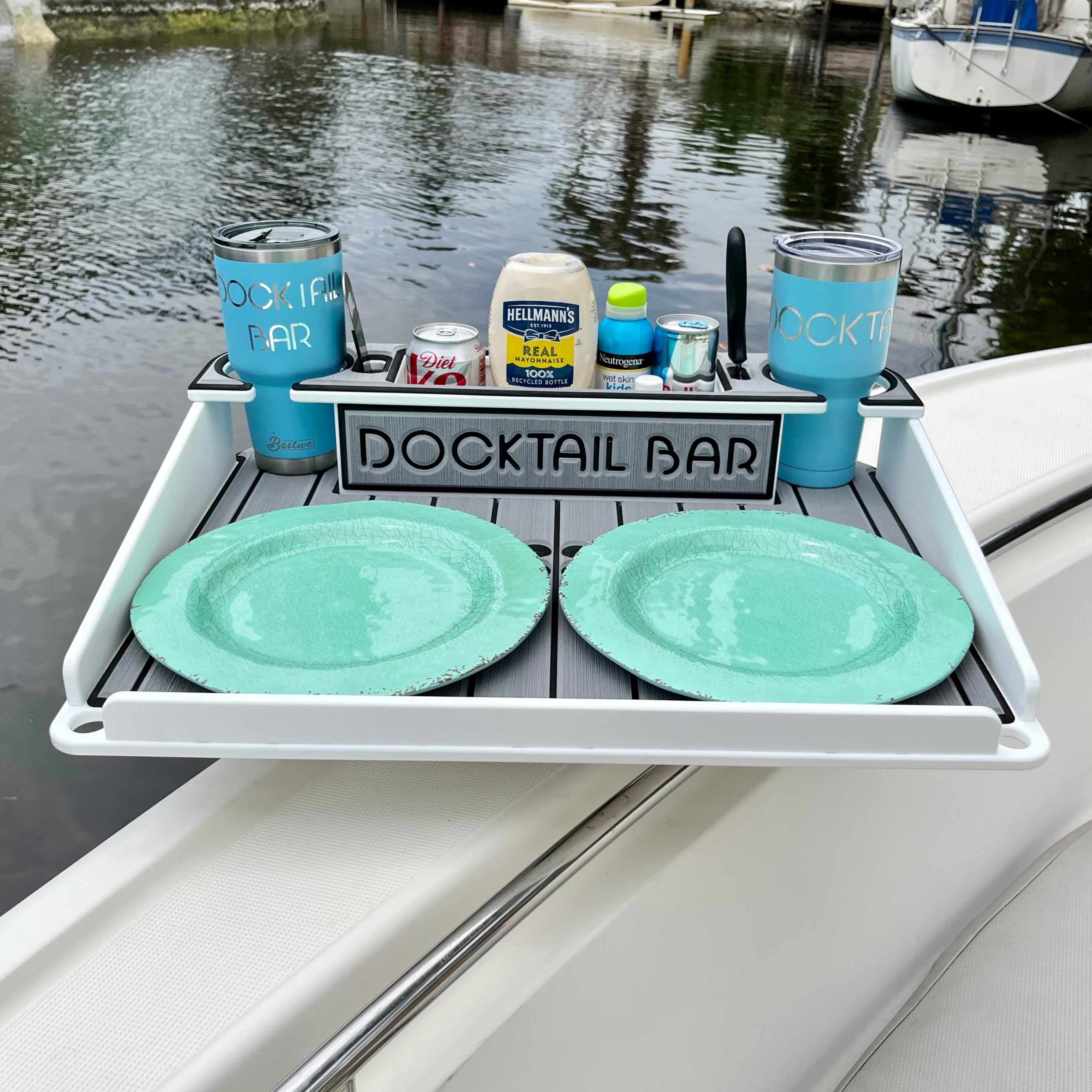 Docktail Utility Boat Table with Adjustable Rod Holder Mount - Choose Your  Color - Storm Grey over Black SeaDek