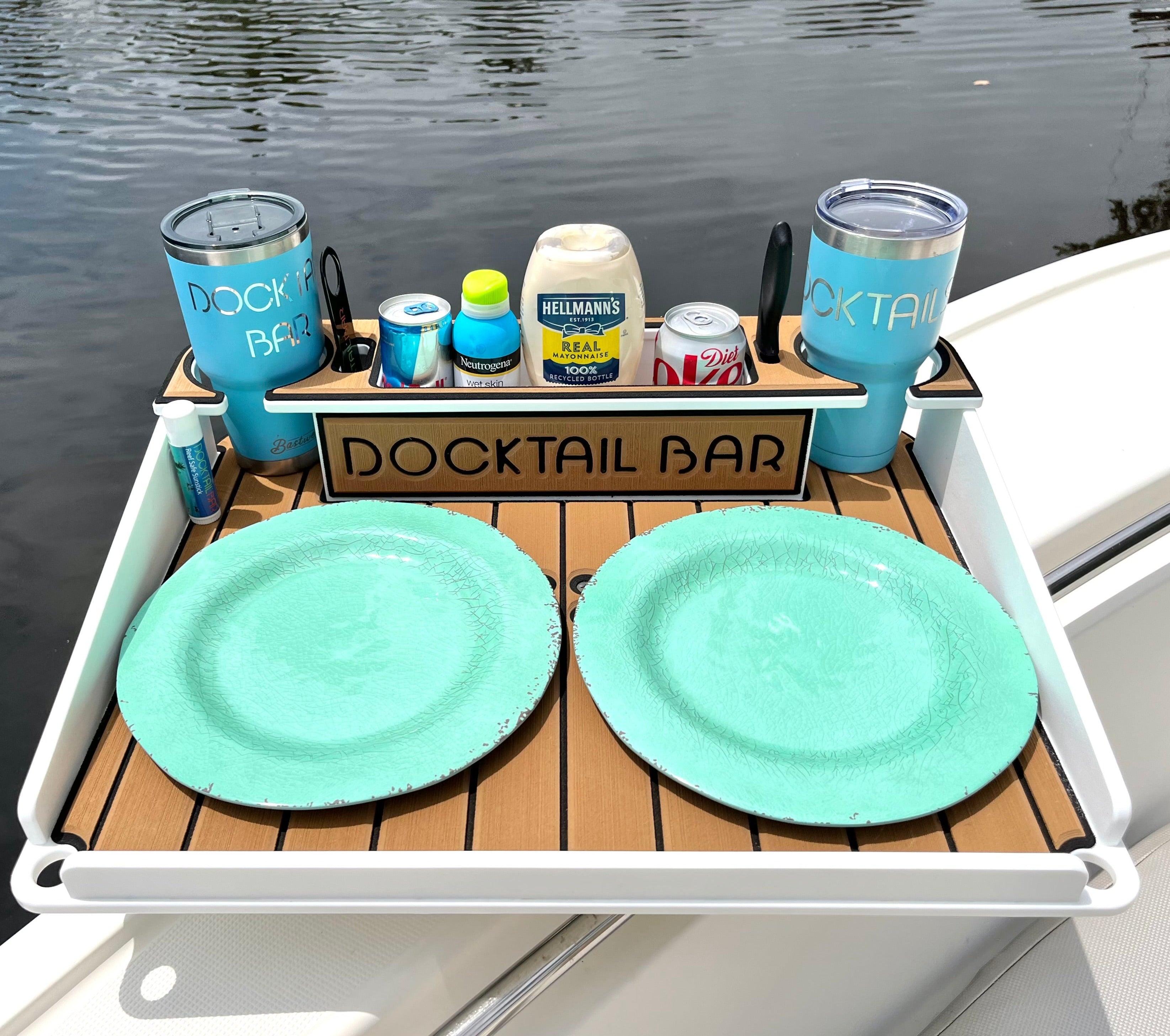 Docktail Utility Boat Table with Adjustable Rod Holder Mount