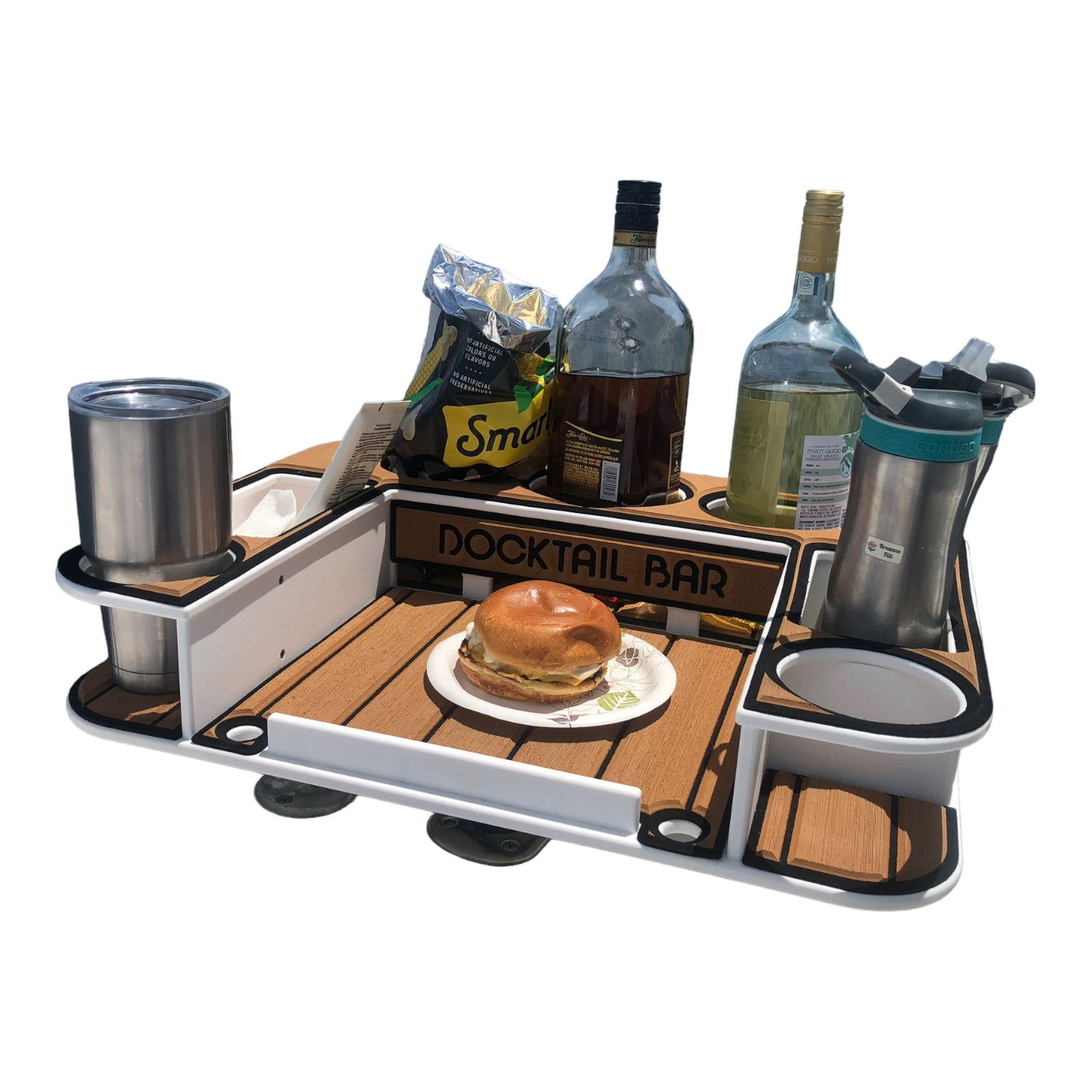 Docktail Butler Marine Food and Cocktail Table - Includes Adjustable Folding Rod Holder Mount - Large Serving Tray for Grill and Boat Cup.