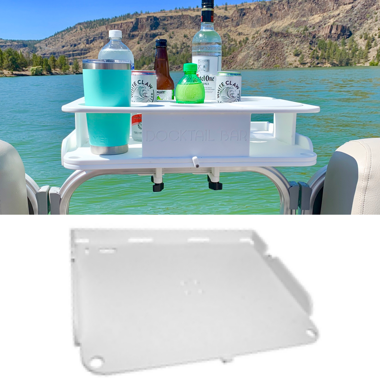 The Docktail Boat Table Caddy plus  Bait Table with Pontoon Rail Mount  - Choose Your Color