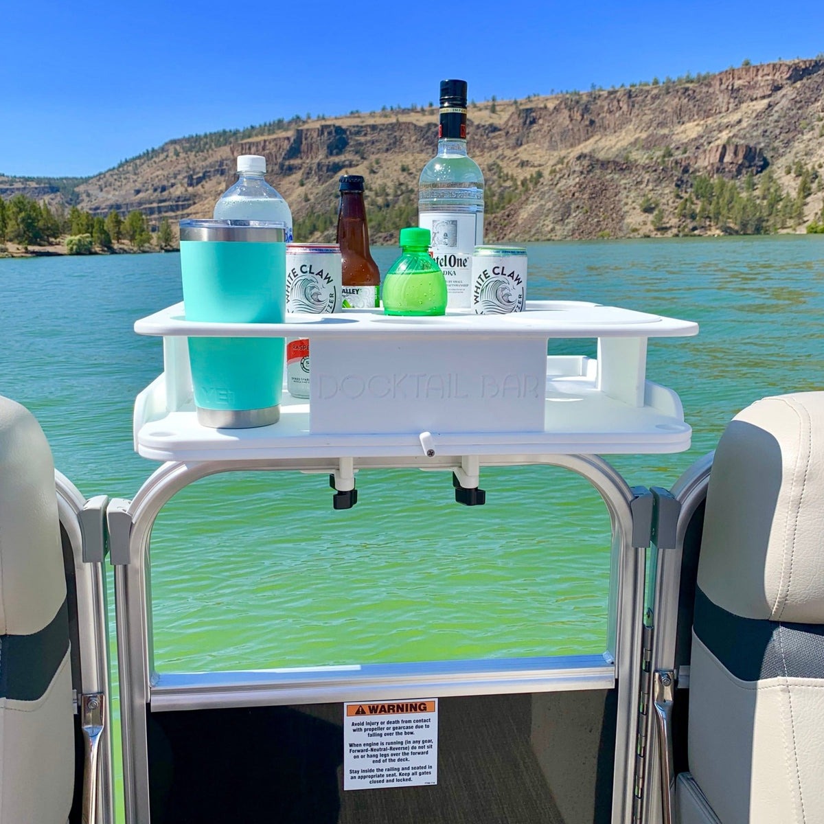 The Docktail Cup Holder and Snack Caddy & Pontoon Boat Rail Mount