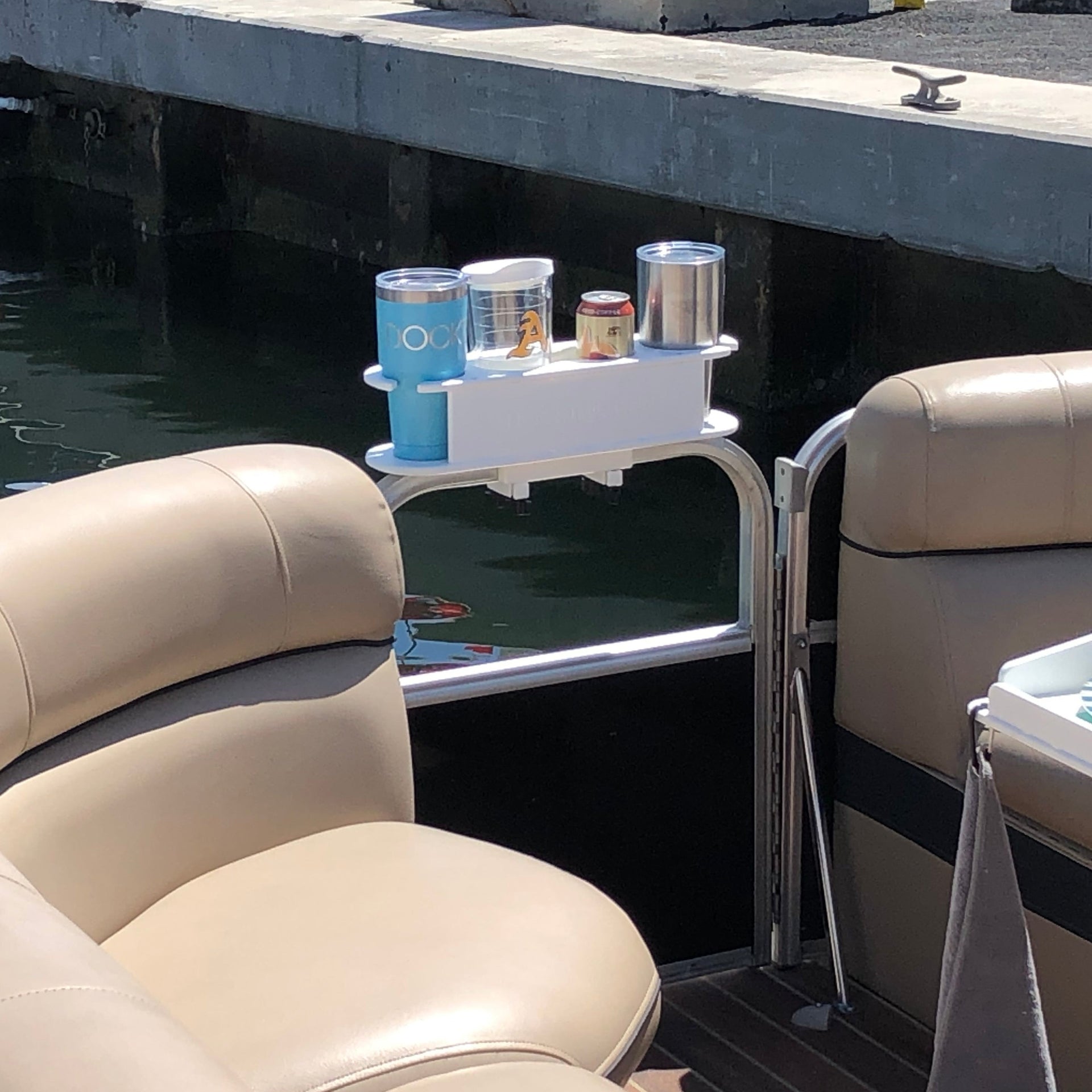 Docktail Pontoon Cup Holder Caddy - 4 Cup and Bottle Holder Slots with  Optional Storage - Easy installation on Square Pontoon Boat Rails
