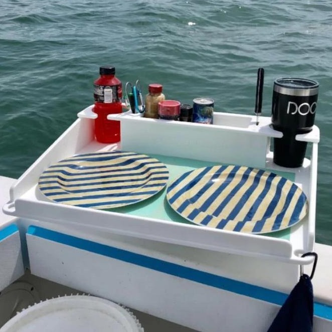 Docktail Bar Boat Utility Table with Cup Holders and Storage - Mounts in Rod Holders - Package Includes Fully Adjustable Rod Holder Mount - Perfect