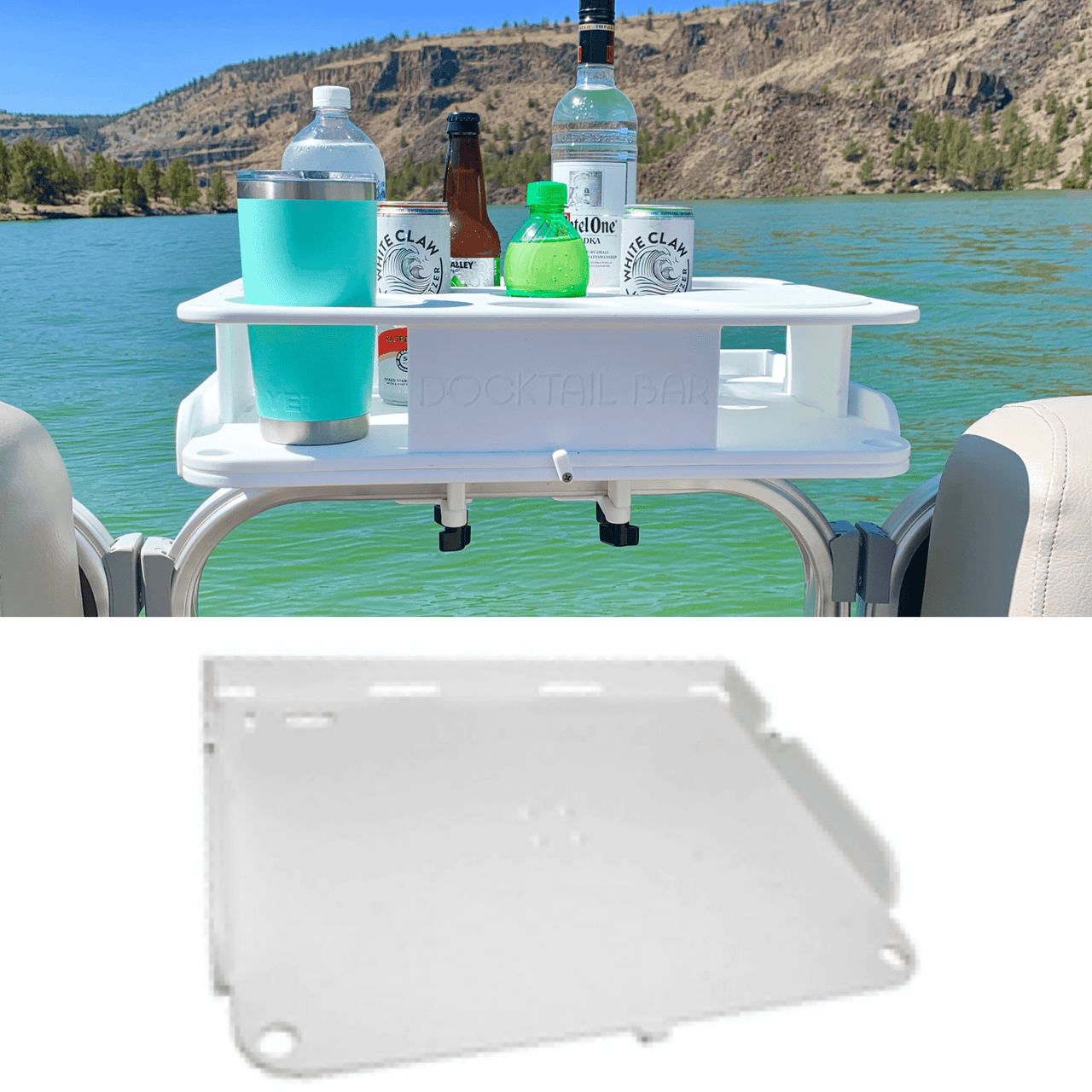 The Docktail Boat Table Caddy plus Bait Table with Pontoon Rail Mount - Docktail Bar